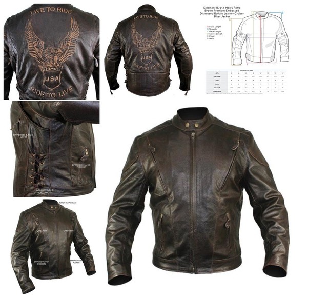 B7244 Men S Retro Brown Premium Embossed Distressed Buffalo Leather B7244 Men S Retro Brown Premium Embossed Distressed Buffalo Leather Biker Jacket