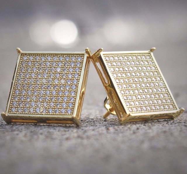 Mens 14k White Gold Finish Real Silver Square Lab Diamond Earrings Mens 14k White Gold Finish Real Silver Square Lab Diamond Earrings Studs