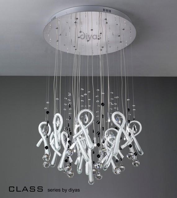 Diyas Class 20 Light Round Chandelier White Glass Chrome Crystal Class Round Pendant 20 Light Polished Chrome White Crystal