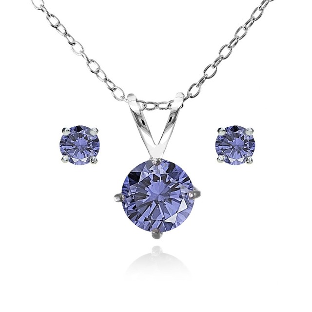Round Solitaire Simulated Tanzanite Necklace Stud Earrings Set In Round Solitaire Simulated Tanzanite Necklace Stud Earrings Set In 925 Silver