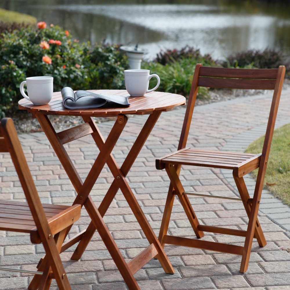 3 Pc Folding Outdoor Bistro Set Durable Acacia Hardwood Natural Wood Picture 1 Of 7